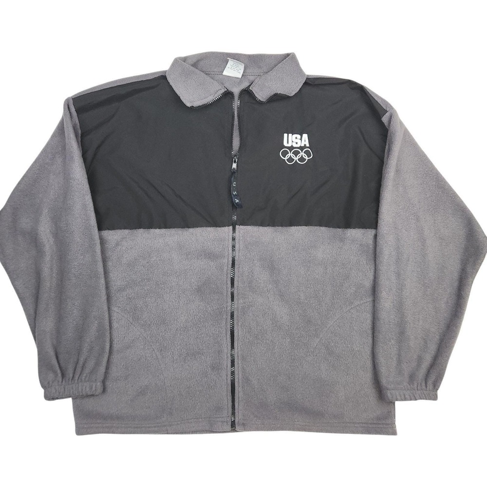 VTG US Olympic Committee Fleece Jacket Men's L Gray Black Full Zip
